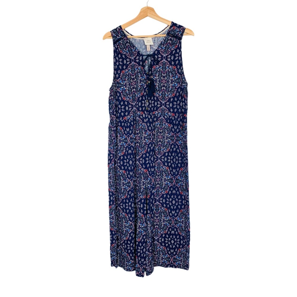 Knox Rose Jumpsuit Rayon Lightweight Pockets Cropped XL Blue Floral Wide Leg